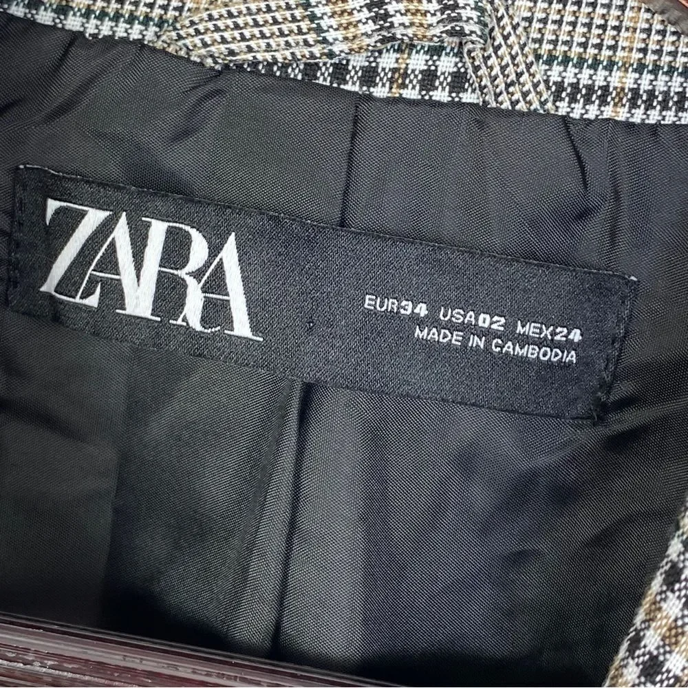 Zara Blazer Jacket Womens 2 Black‎ White Tan Single Breasted Lined Suit Button